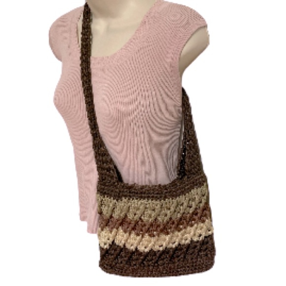 Scalloped BOHO Bohemian Shoulder Purse Bag Brown Cream Woven Neutrals